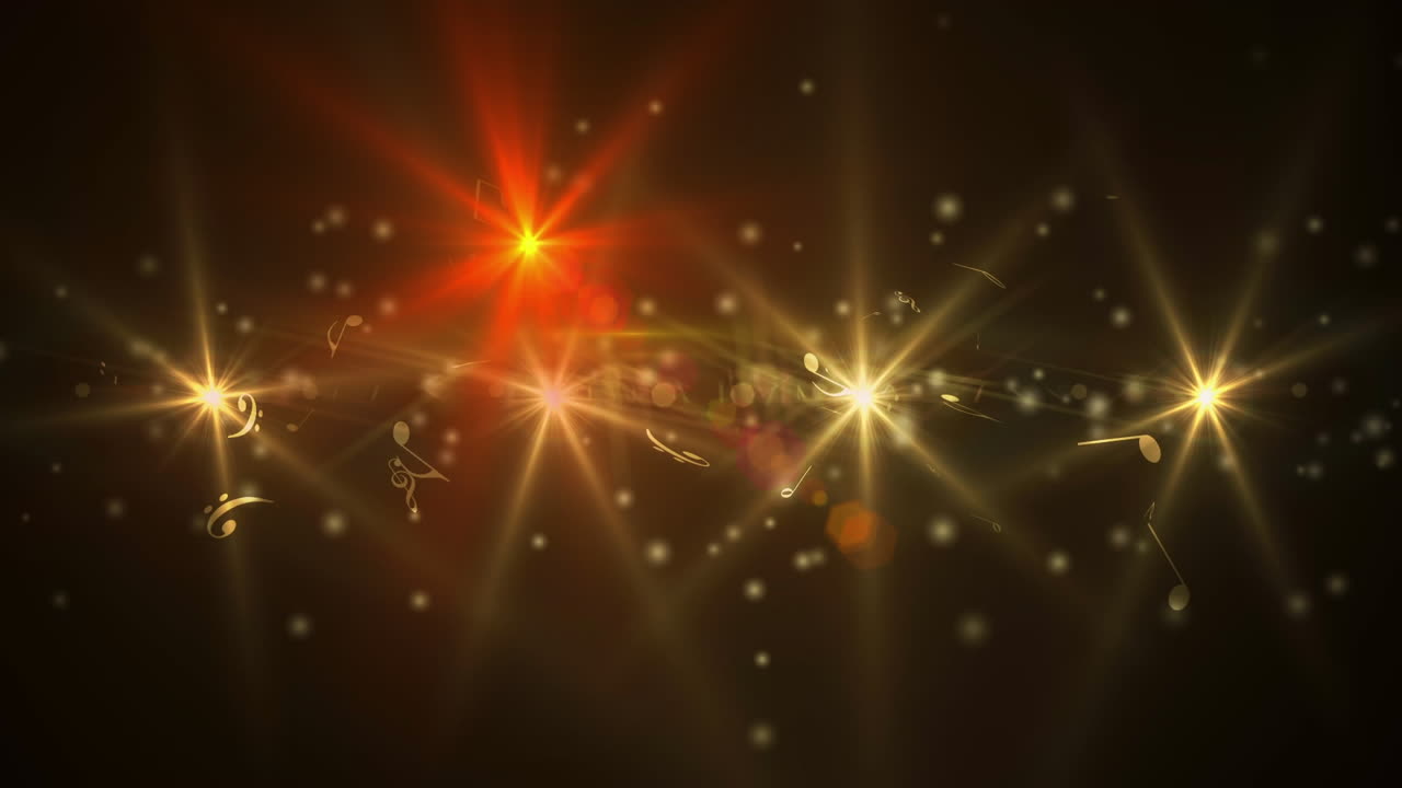 animación de múltiples focos brillantes que giran con notas de música sobre un fondo negro