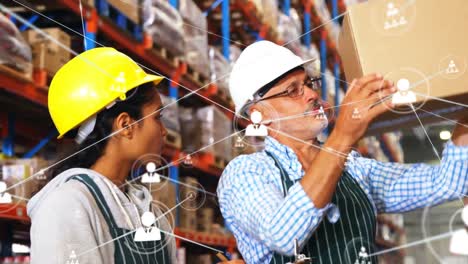 Animation-of-network-of-profiles-over-diverse-male-and-female-supervisors-discussing-at-warehouse