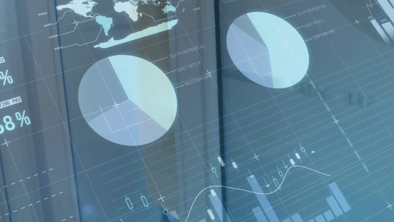 Animation of financial data processing over caucasian businessman in office