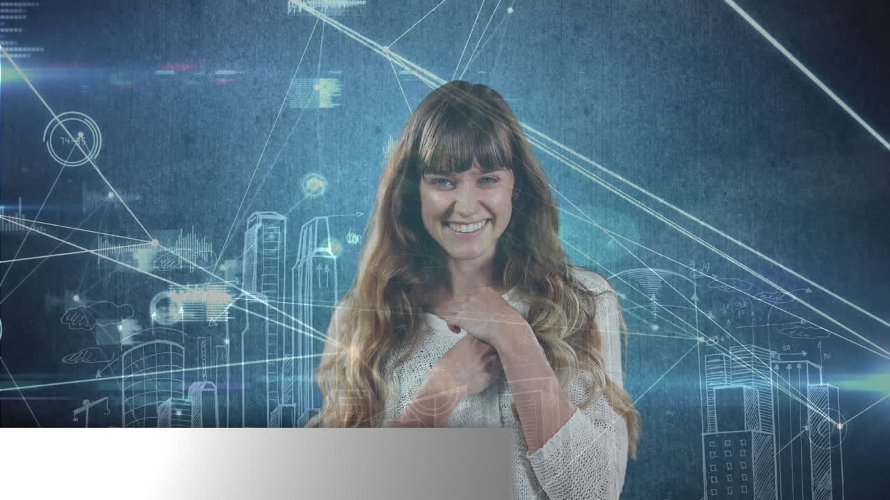 animación de mujer caucásica feliz sobre texto de noticias falsas, globo, iconos conectados, ciudad 3d.