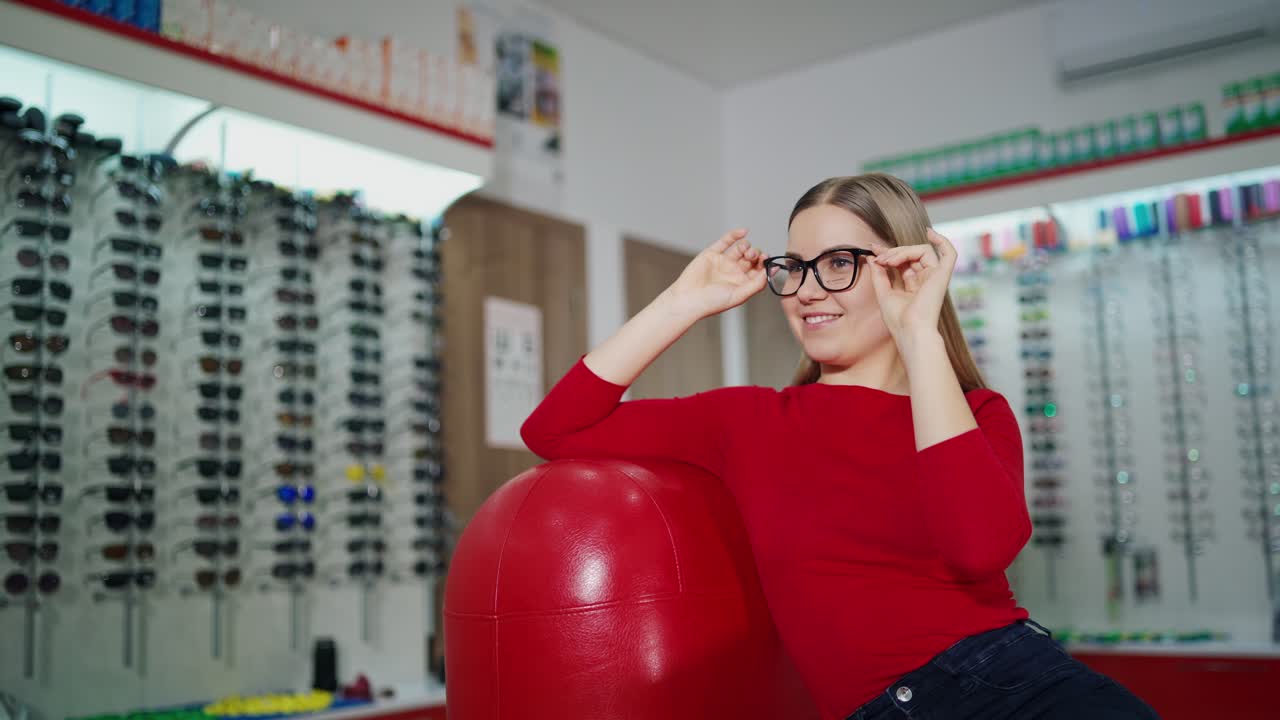 Young woman trying eyeglasses. Portrait of happy young woman buying new glasses at optician store