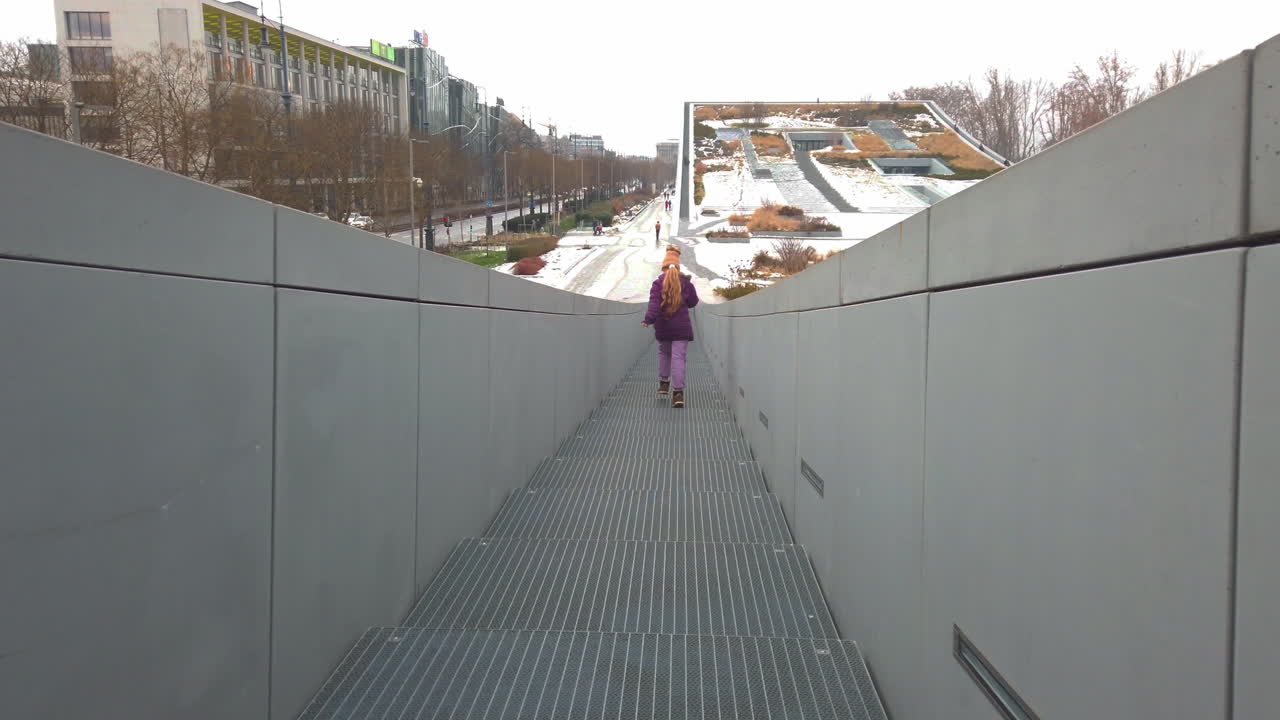 POV che scende le scale moderne al Museo Szépművészeti a Varosliget. Gradazione di colore naturale e texture urbane nitide in uno stile 2026.