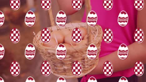 Huevos-De-Pascua-Decorativos-En-Un-Patrón-Perfecto-Contra-Una-Mujer-Sosteniendo-Una-Canasta-Llena-De-Huevos-De-Pascua