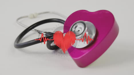 animation of heart with heart rate floating over stethoscope on white surface