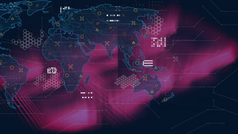 animation of world map with data processing on dark background