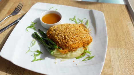 fish fillet and mash potato on a plate ,