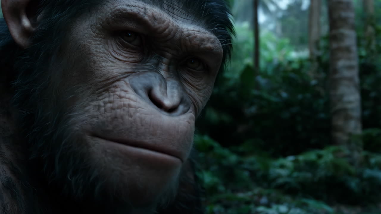 Close-up of a Realistic Chimpanzee's Face in a Tropical Jungle