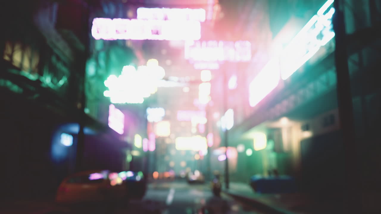 Neon lights illuminate a bustling street at night in a vibrant city