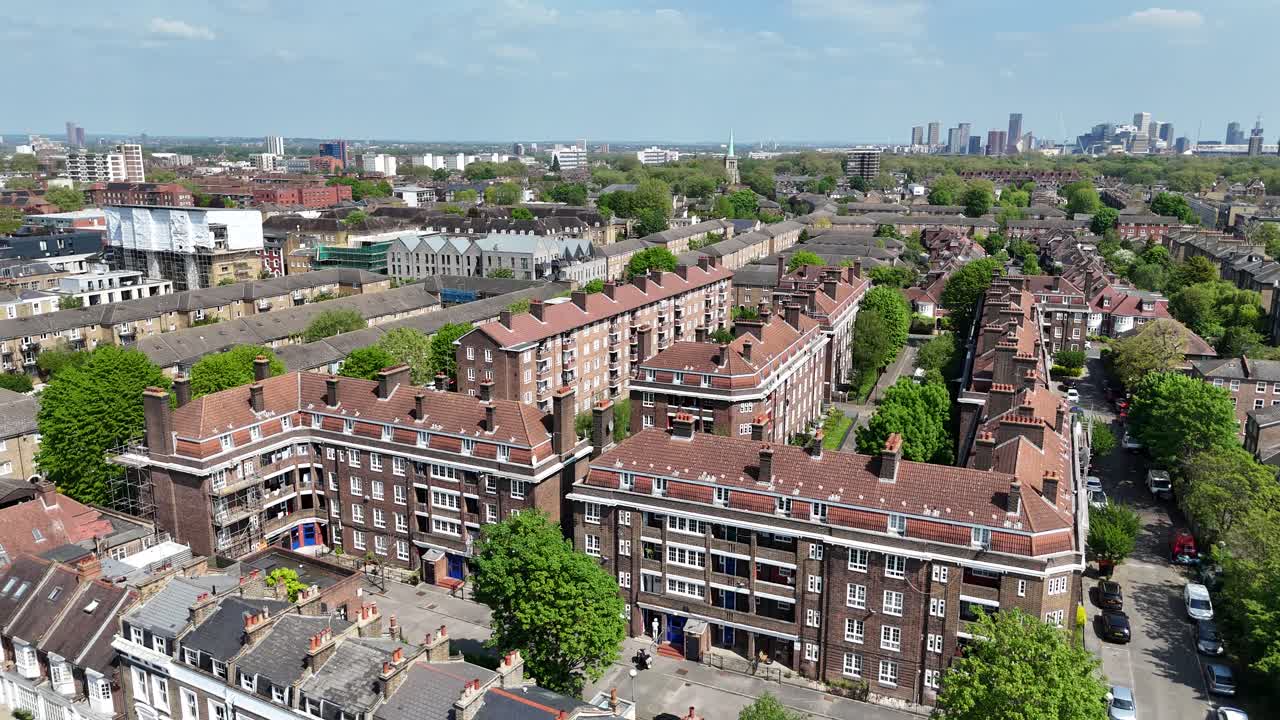 Bethnal Green Council social houseing 1930s walk-up blocks flats East London drone,aerial