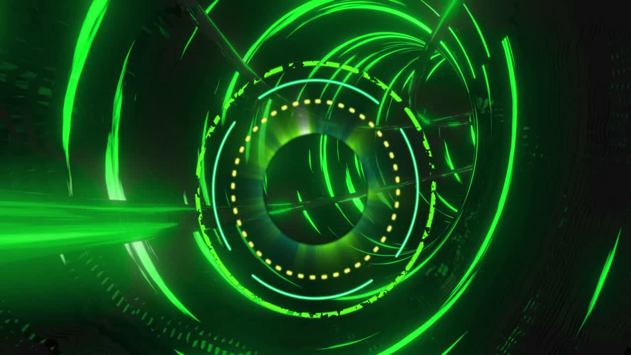Animation of processing circle over black screen with tunnel made of green circles