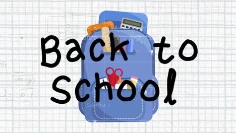 animación del texto de regreso a la escuela sobre los artículos escolares en la bolsa escolar