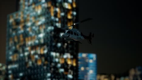 slow motion helicopter near skyscrapers at night