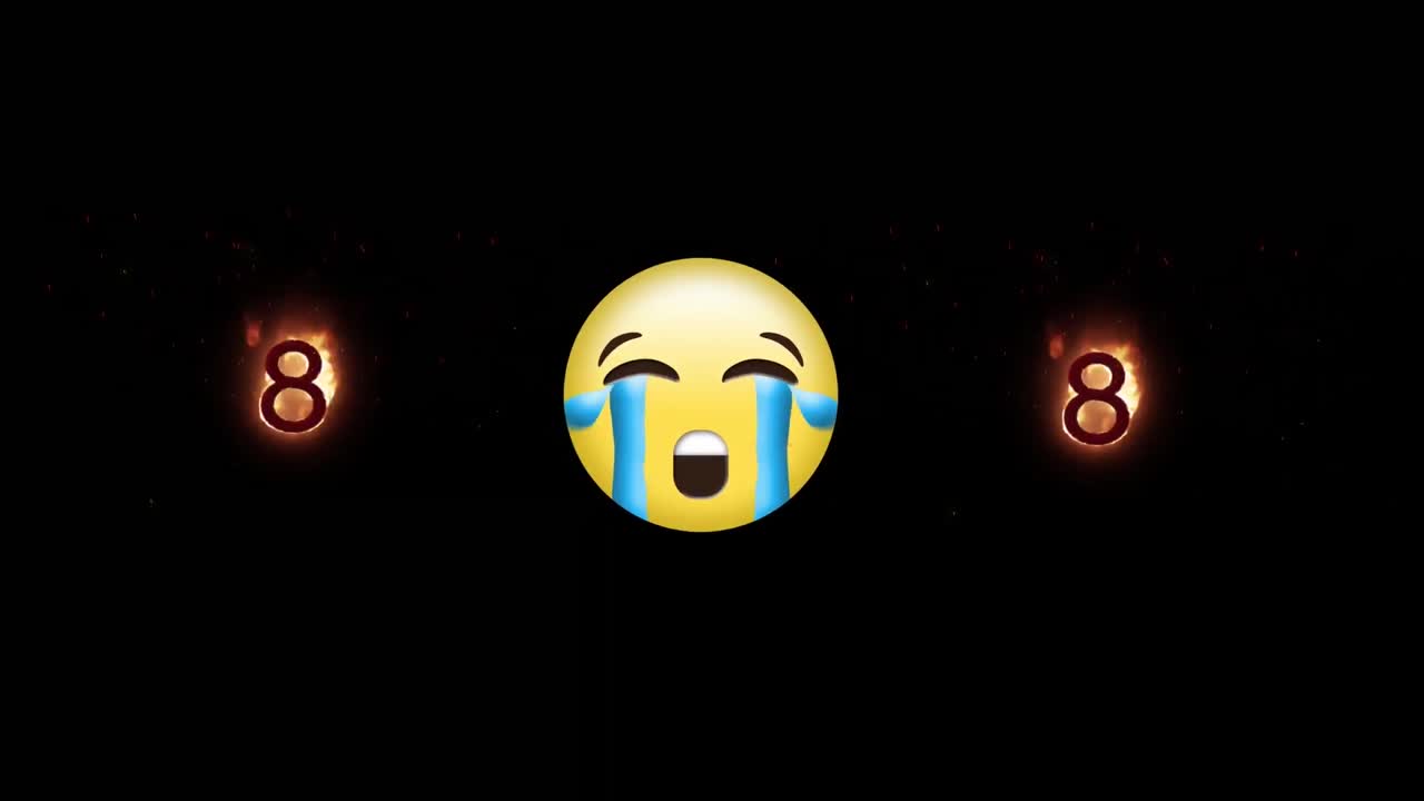 울고 있는 얼굴 이모티콘 과 검은색 배경 에 있는 화재 아이콘 에 있는 숫자 8 의 디지털 애니메이션