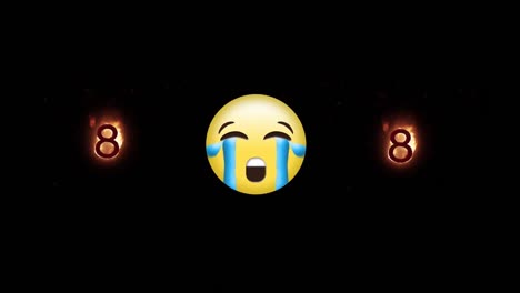 Digital-animation-of-crying-face-emoji-and-number-eight-on-fire-icon-against-black-background