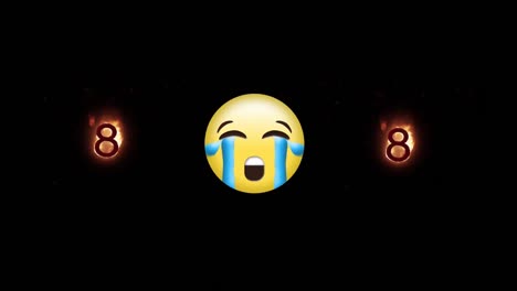 digital animation of crying face emoji and number eight on fire icon against black background