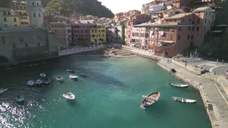 Drone-Flies-Low-Above-Vernazza-Cinque-Terre-Town-in-Italy's-Famous-Tourist-Location