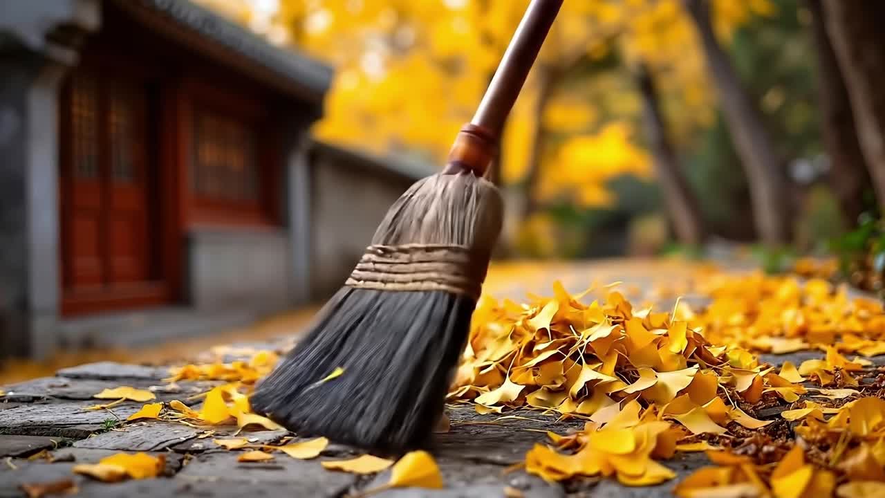 A broom sweeping leaves on the ground in front of a house