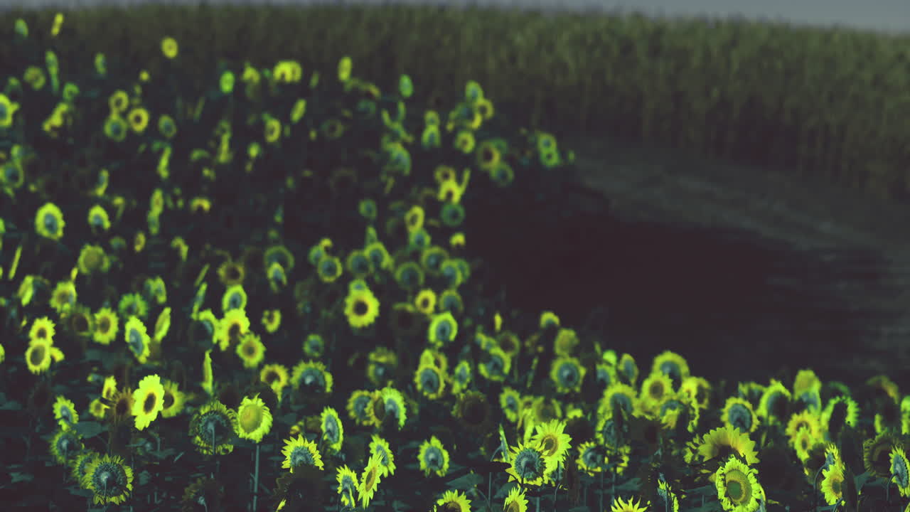 Sunflowers bloom by the serene pond at dusk in a rural landscape