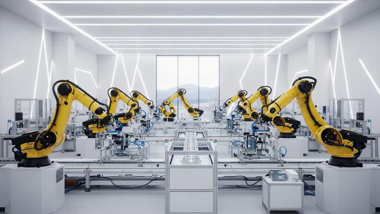 A State-of-the-Art Robotics Assembly Line Showcasing Advanced Yellow Robotic Arms in a Modern Factory Environment, Designed for Efficiency and Precision Manufacturing Processes