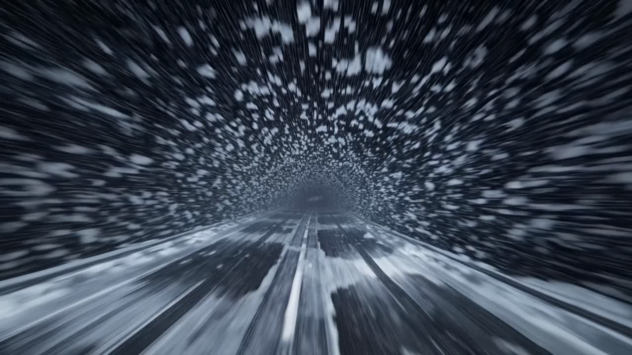 Dynamic video concept of a high-speed journey through a snowy tunnel