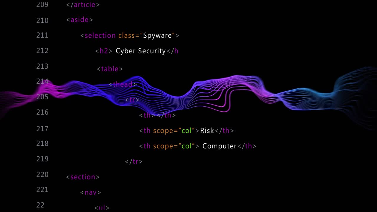 Código HTML con animación de ondas coloridas sobre fondo negro