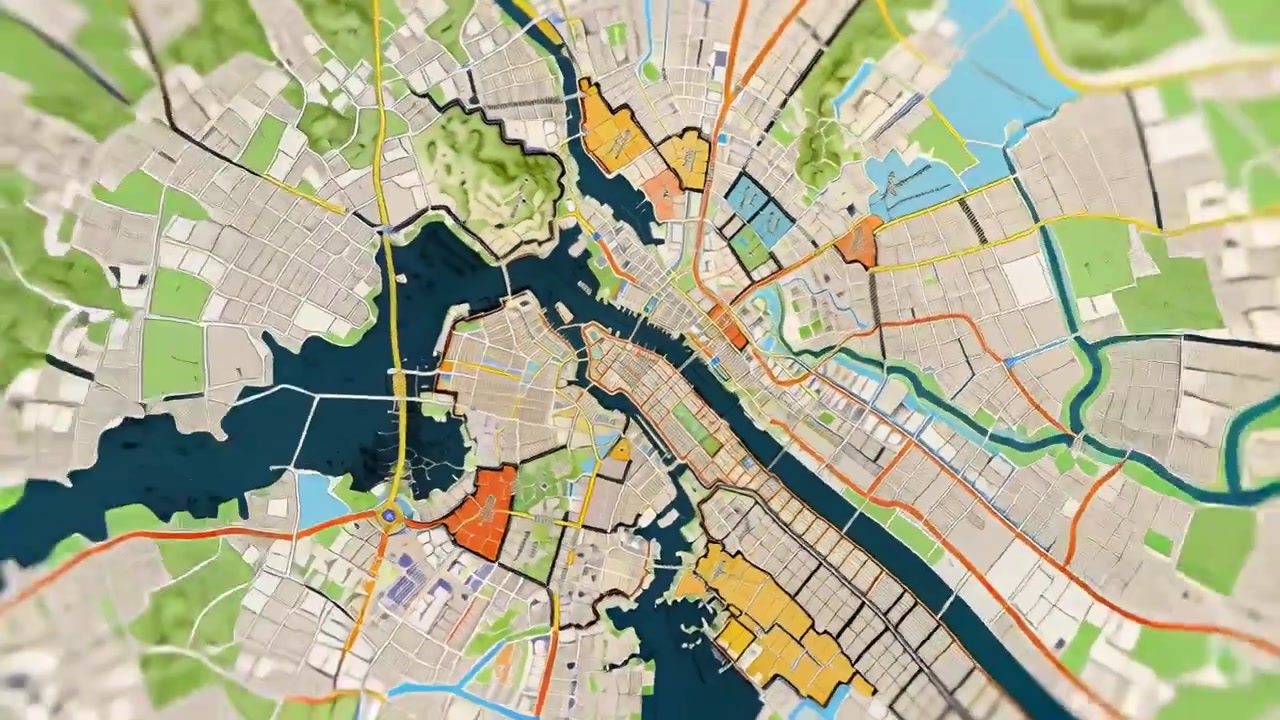 Starting rotation, virtual camera revealing stylized city map at coastal harbor, showing districts