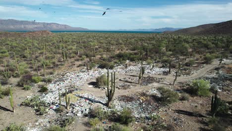 Garbage-Lining-the-Roadside-in-Mulege,-Baja-California-Sur,-Mexico---Orbit-Drone-Shot