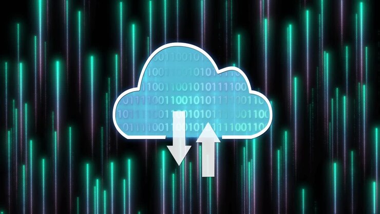 Símbolo de nuvem cibernética com código binário e linhas digitais como plano de fundo
