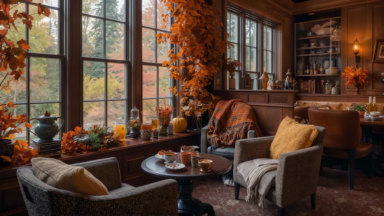 Clip starting panning camera across wood panel lounge revealing autumn armchairs, tea set, garland