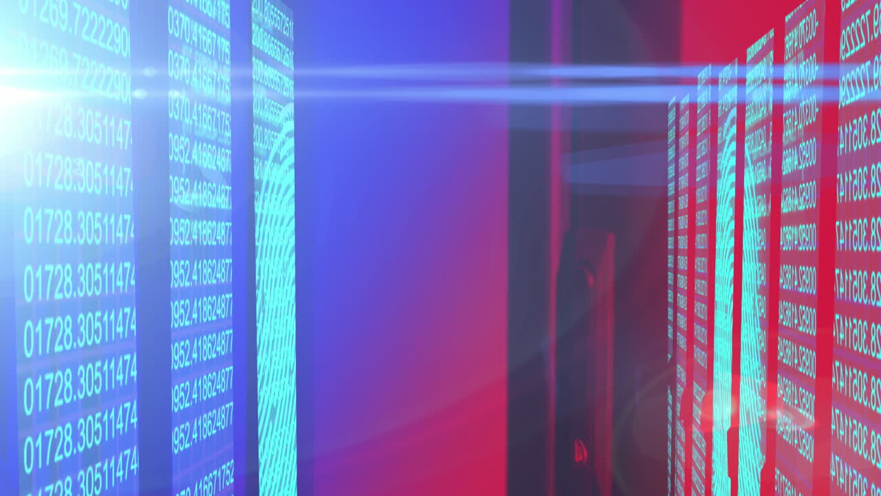 Animation of light spots and data processing over black background