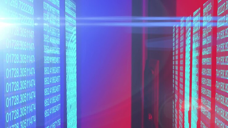 Animation of light spots and data processing over black background