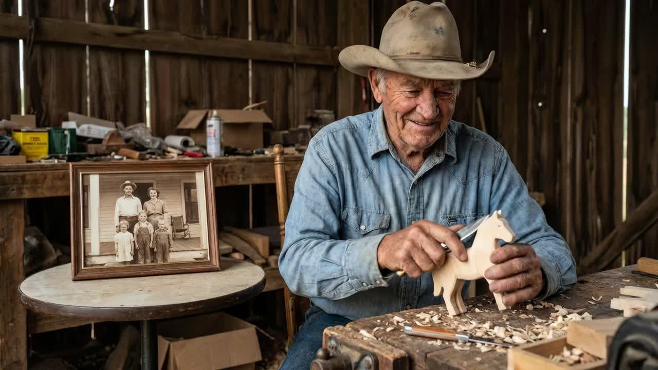 Un cowboy artigiano che intaglia un cavallo di legno nel suo laboratorio