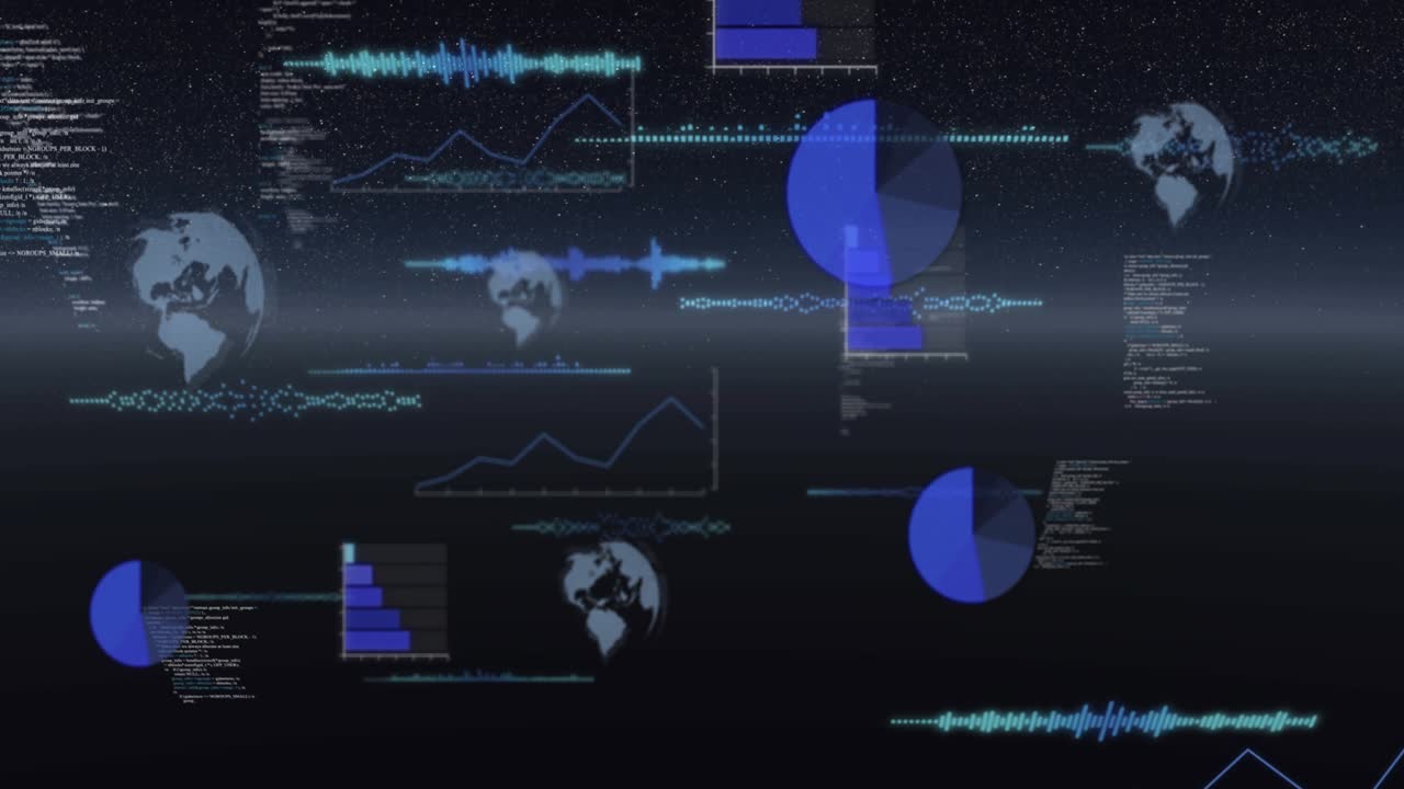 One-second pause sparking cosmic interface animating pie charts, bars and globes visualizing data