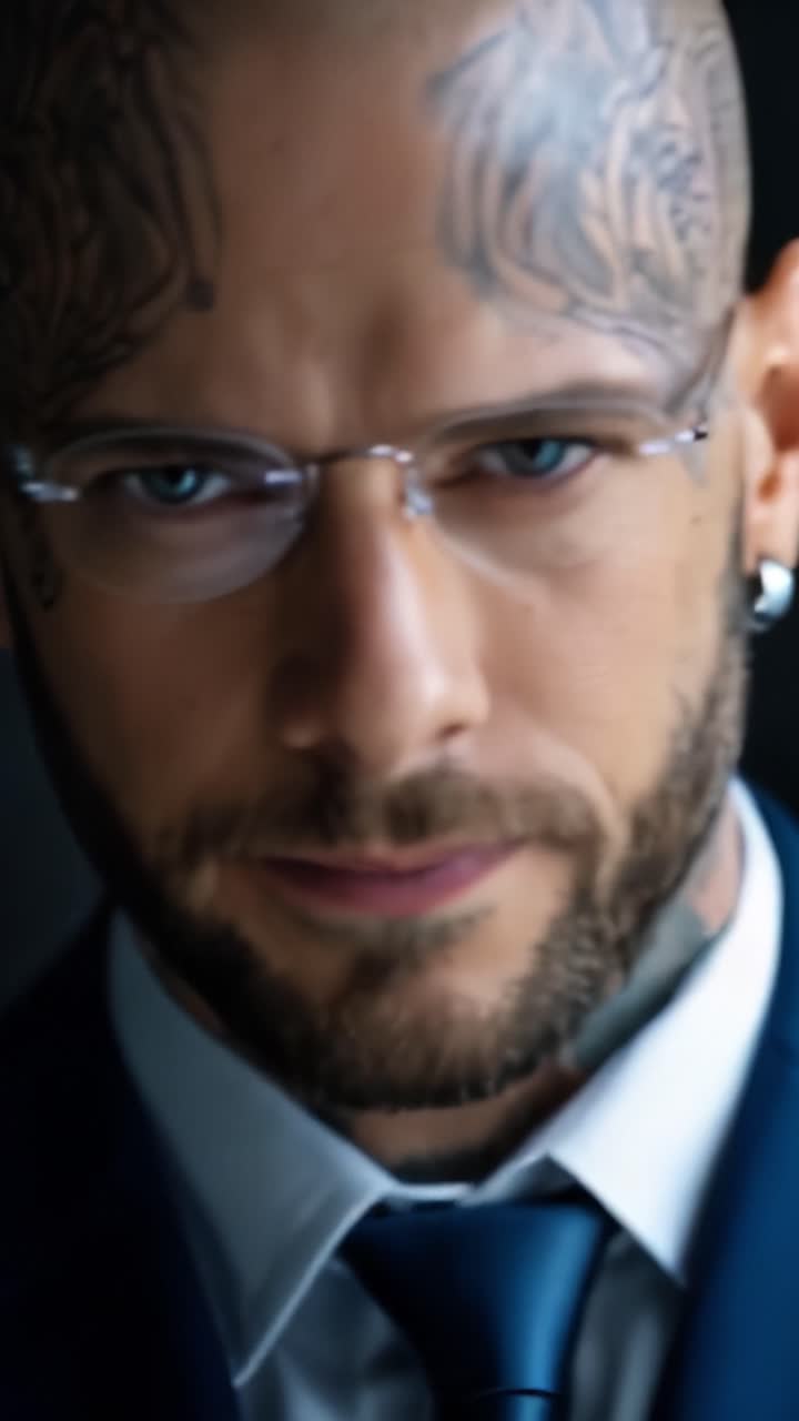 Getatoeëerde man met bril, strak pak. Scherpe blik, subtiele glimlach. Professionele, stijlvolle, zelfverzekerde uitstraling. Uitstekend geschikt voor zakelijke, mode- of creatieve media.