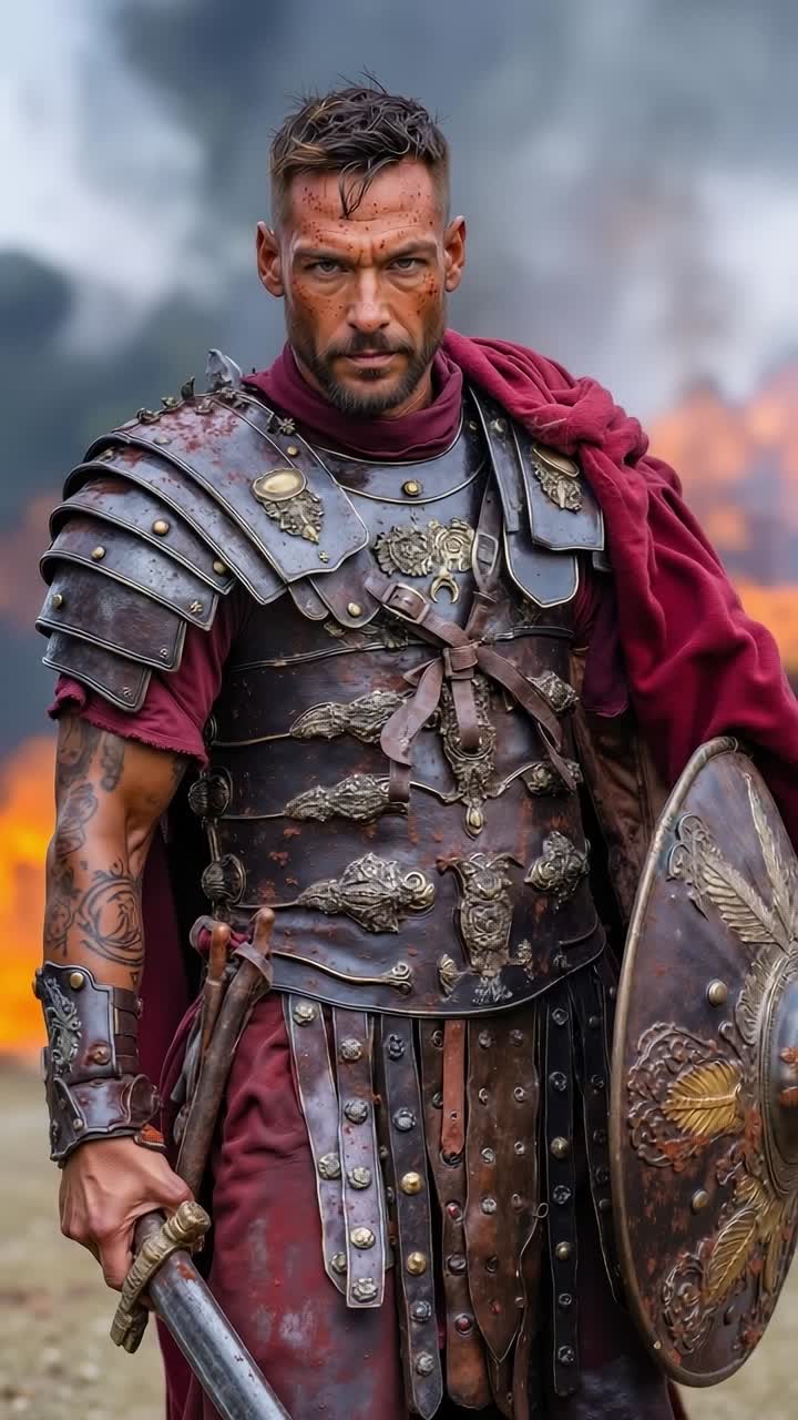 A man dressed in a roman armor holding a sword and shield