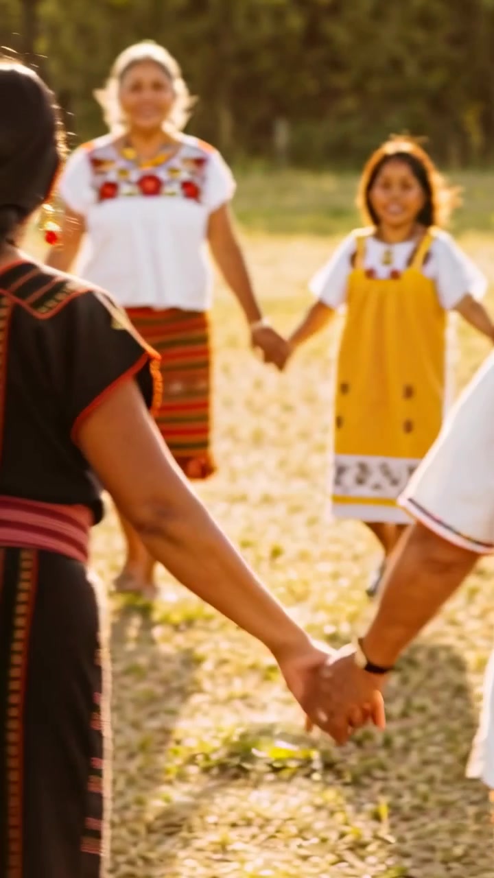 Vertical video: Dancing boy holding elder hand in field, camera panning, in folk tops, copy space