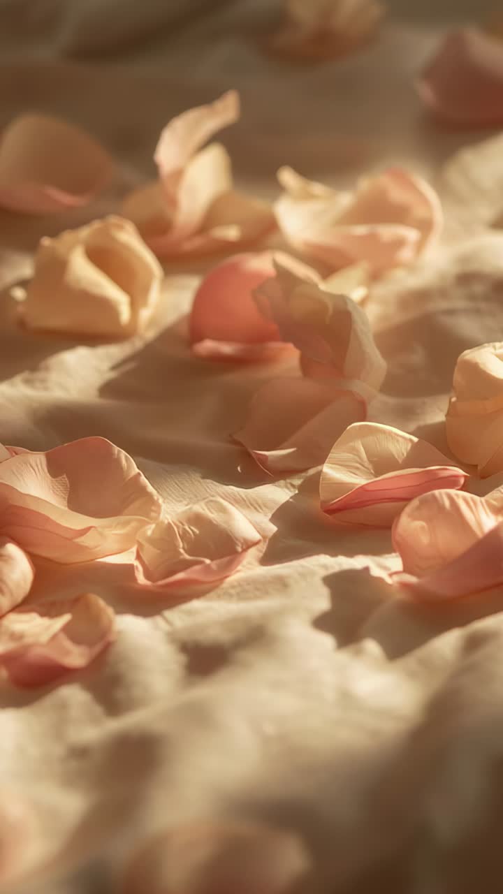 Vertical video: Panning camera revealing sheer pink orb on cream cloth, sunlight nudging petals