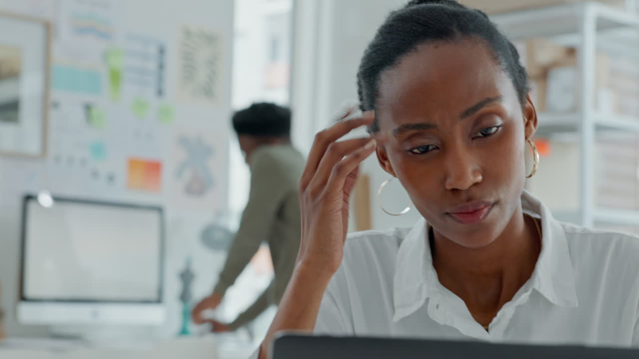 Remember, thinking and black woman on computer