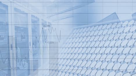 financial data processing over solar panel against empty server room
