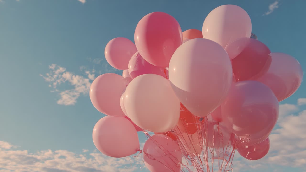A Vibrant Display of Pink Balloons Against a Scenic Sky, Capturing the Joy and Celebration Associated with Colorful Decorations in a Serene Atmosphere
