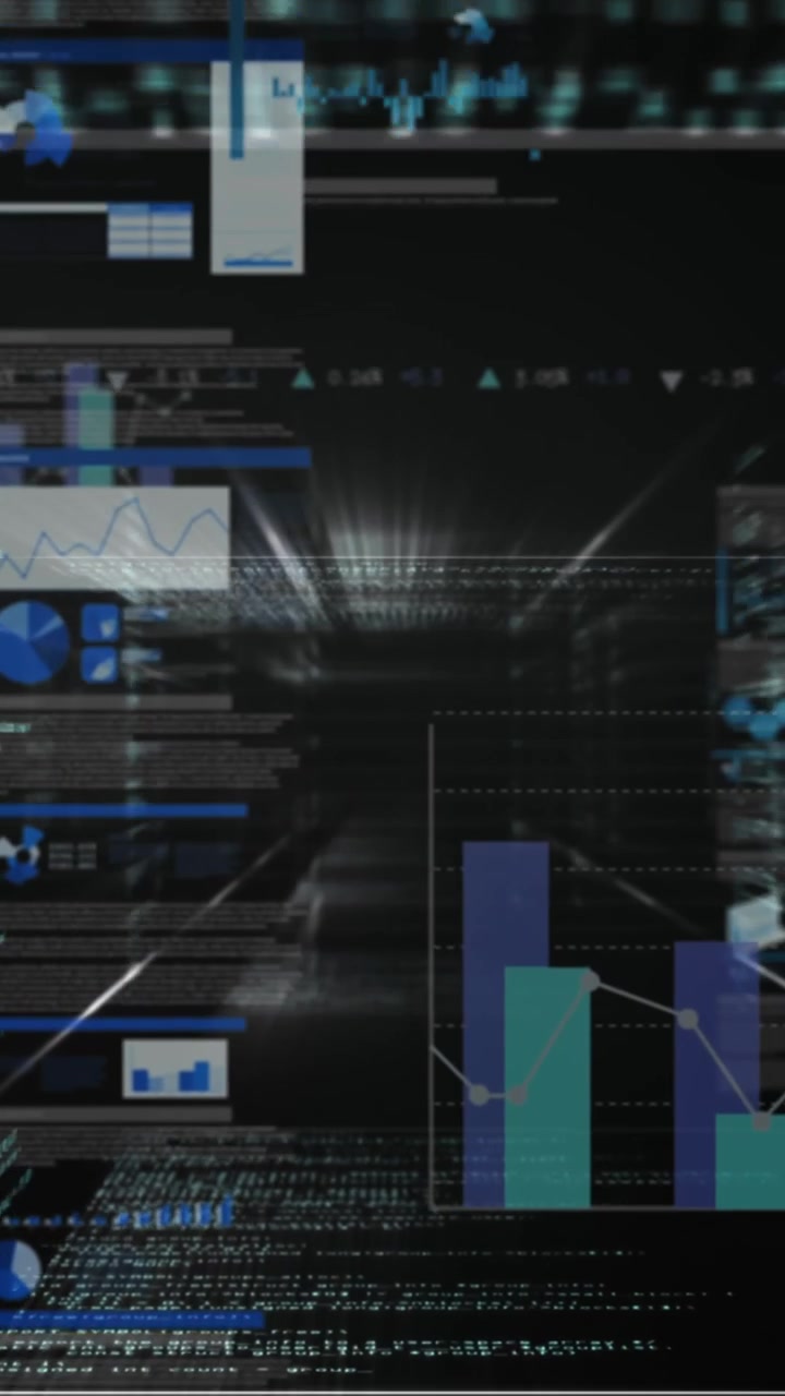Animation of graphs, data and lights on black digital screen