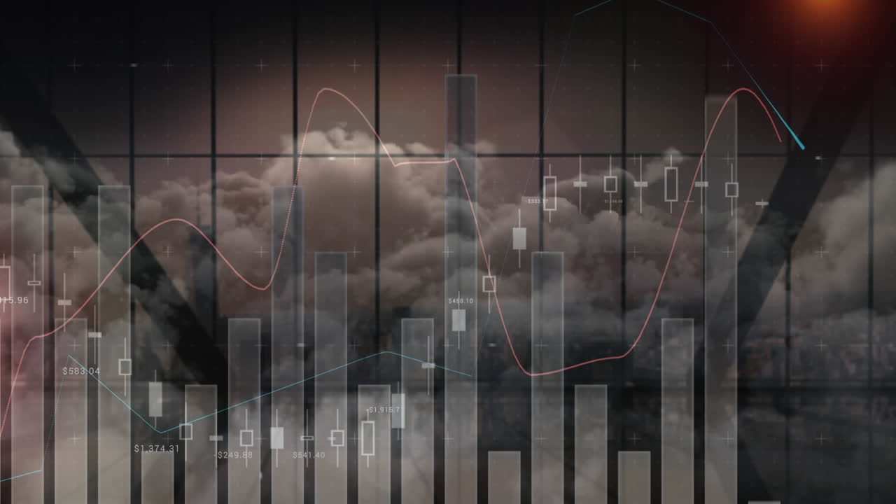 Animation of statistics processing over sky with clouds