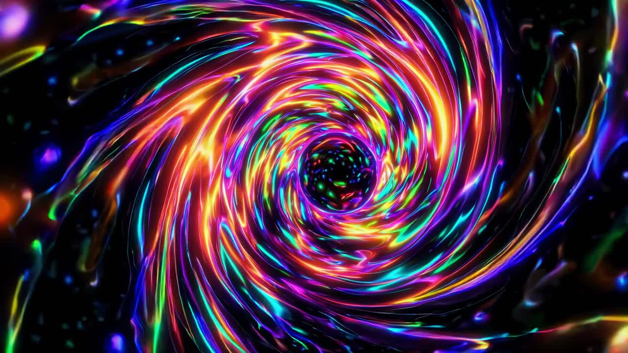 Bright neon and iridescent colors swirling around a dark center creating a vortex effect, simulating a cosmic journey through space and time