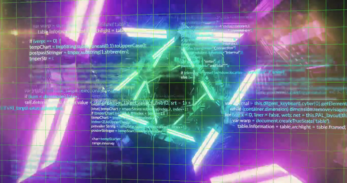 Neon-Sechseck leuchtet und pulsiert in einem Cyberpunk-3D-Render, schwebende Codeblöcke überlagern ein grünes Gitter.