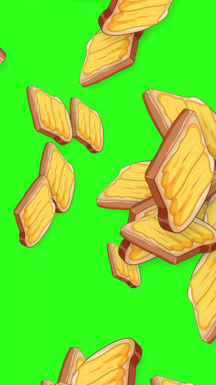 Cartoon buttered toast slices fall and tumble against a green screen background in vertical orientation.