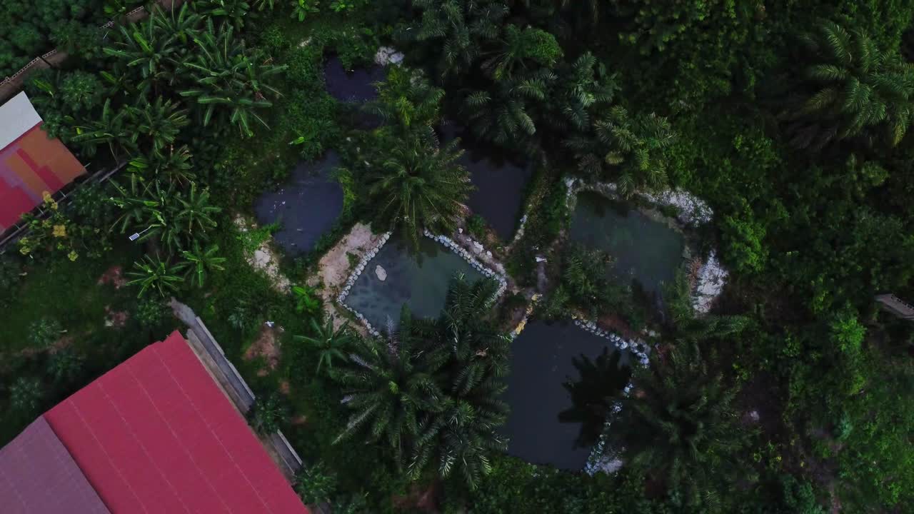 Top down aerial of waterbassins used for agricultural irrigation on a farm in Nigeria, Africa. People can be seen walking through the bassing and local fish ponds