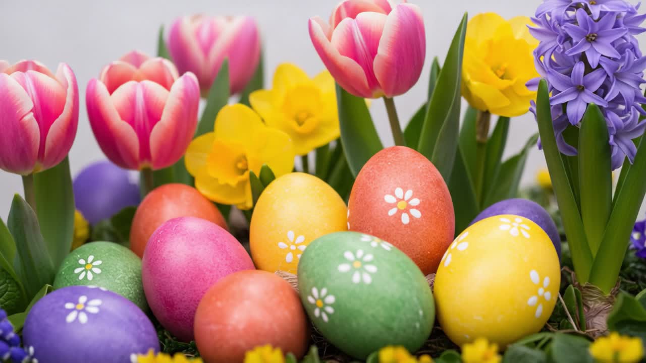 Vibrant Spring Display Featuring Colorfully Decorated Easter Eggs Surrounded by Beautiful Tulips and Bright Daffodils in a Lush Floral Arrangement
