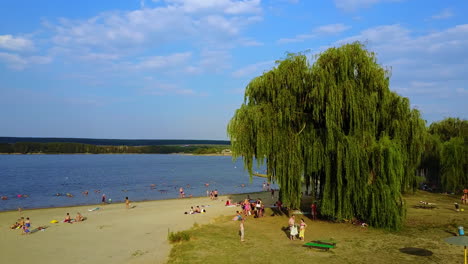 lake beach scene with people