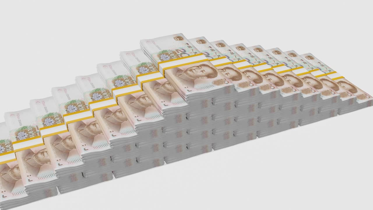 Many wads of money. 20 Chinese Yuan banknotes. Stacks of money.