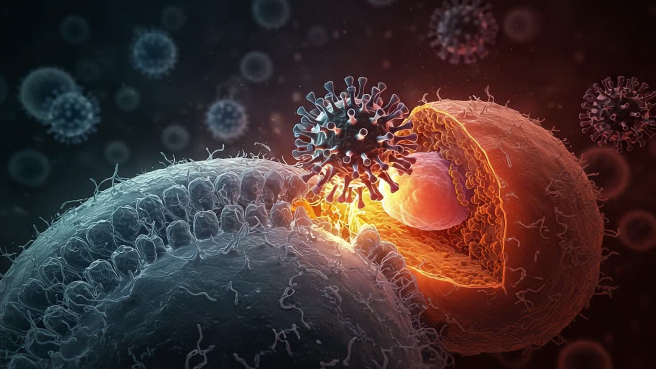 Interazione complessa tra virus e cellula: visualizzazione della complessa battaglia dei microrganismi al microscopio con dettagli straordinari